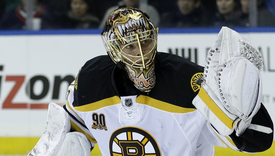 Boston Bruins goalie Tuukka Rask makes a save during the second period of a game against the New York Rangers Sunday, March 2, 2014.